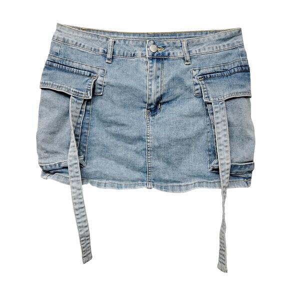 Jeans F.A.shion Denim Mini Skirt Size Large Cargo Pockets Belt Loops Light Blue - Picture 3 of 8